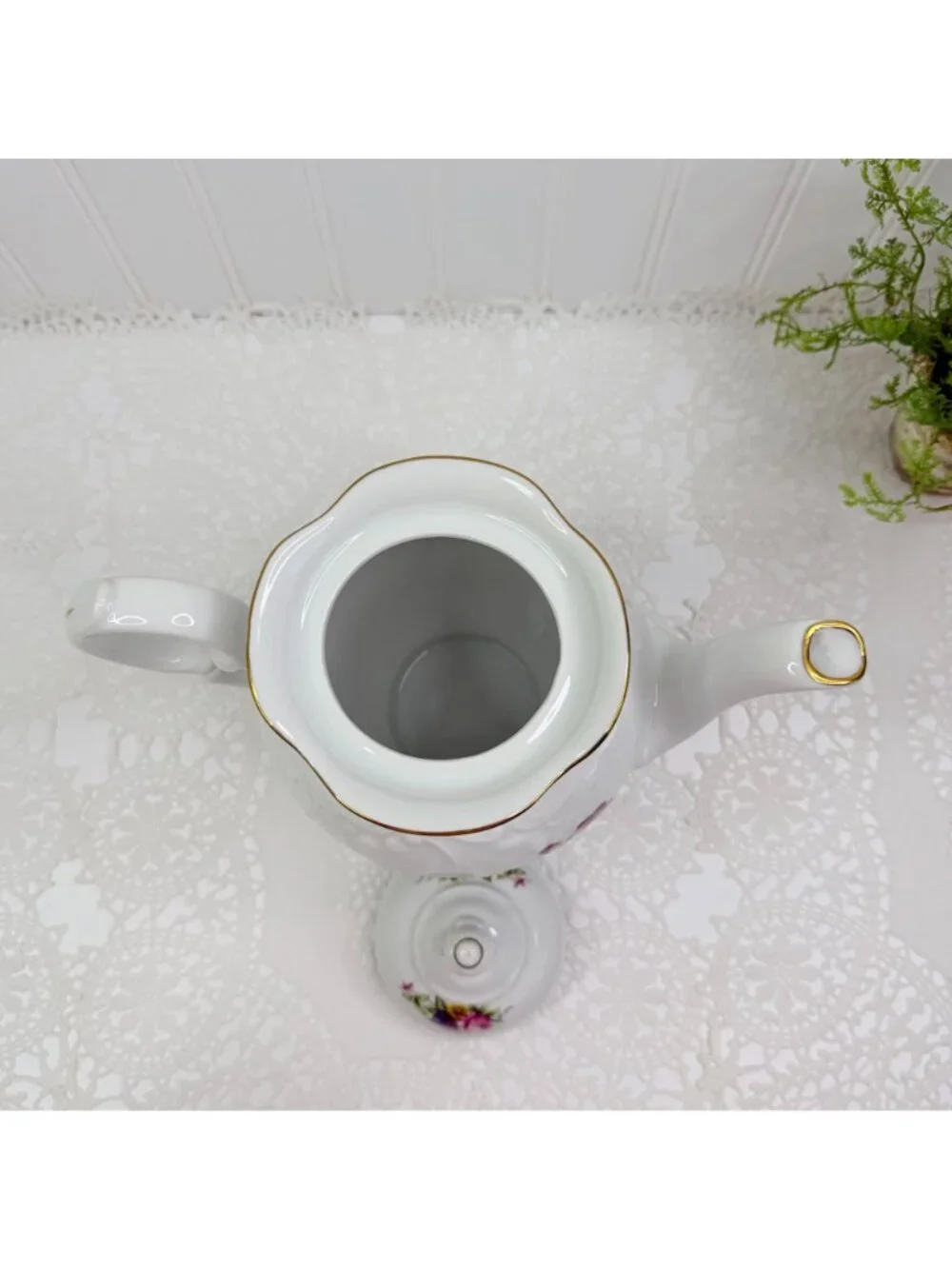 Vtg Royal Kent Poland Floral Teapot Porcelain Coffee Pot Rose Gold Trim Embossed